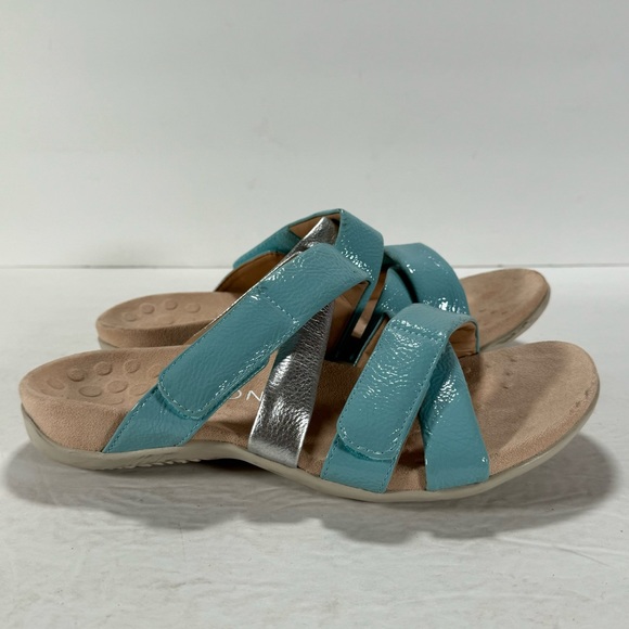 Vionic Hadlie Porcelain Blue Silver Patent Leather Slide Sandals Women's 8.5 - Picture 4 of 11